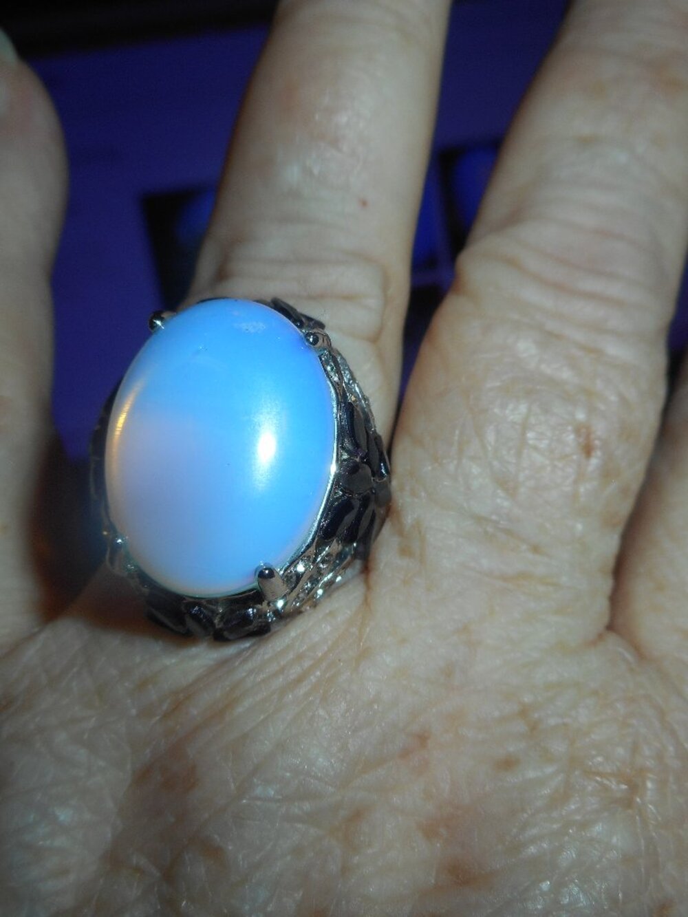 OPAQUE, (WHITE) STONE ON SILVER BAND, ORNATE, - Women Jewelry, SIZE  8 3/4- 9